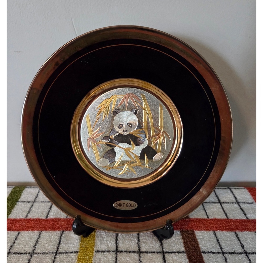 Art of Chokin Panda Bear Collector Plate 24KT Gold Edged Made in Japan 6.5 inch